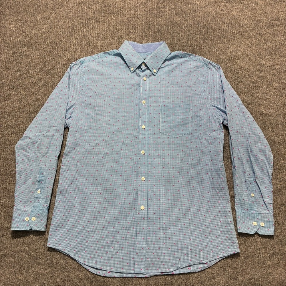 Charleston Thread Mens‎ Button Down Shirt L Blue Pink Checkered Dot Long Sleeve